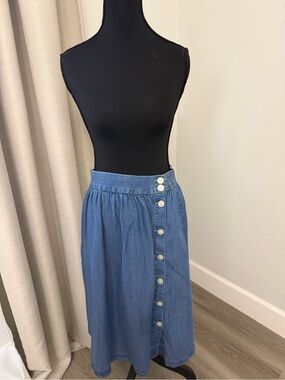 LOFT Blue Button-Front Denim Midi Skirt